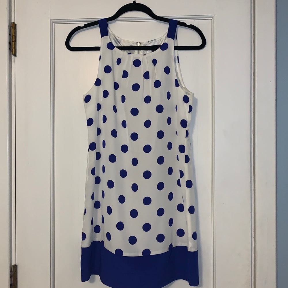 Blue and white polka dot dress